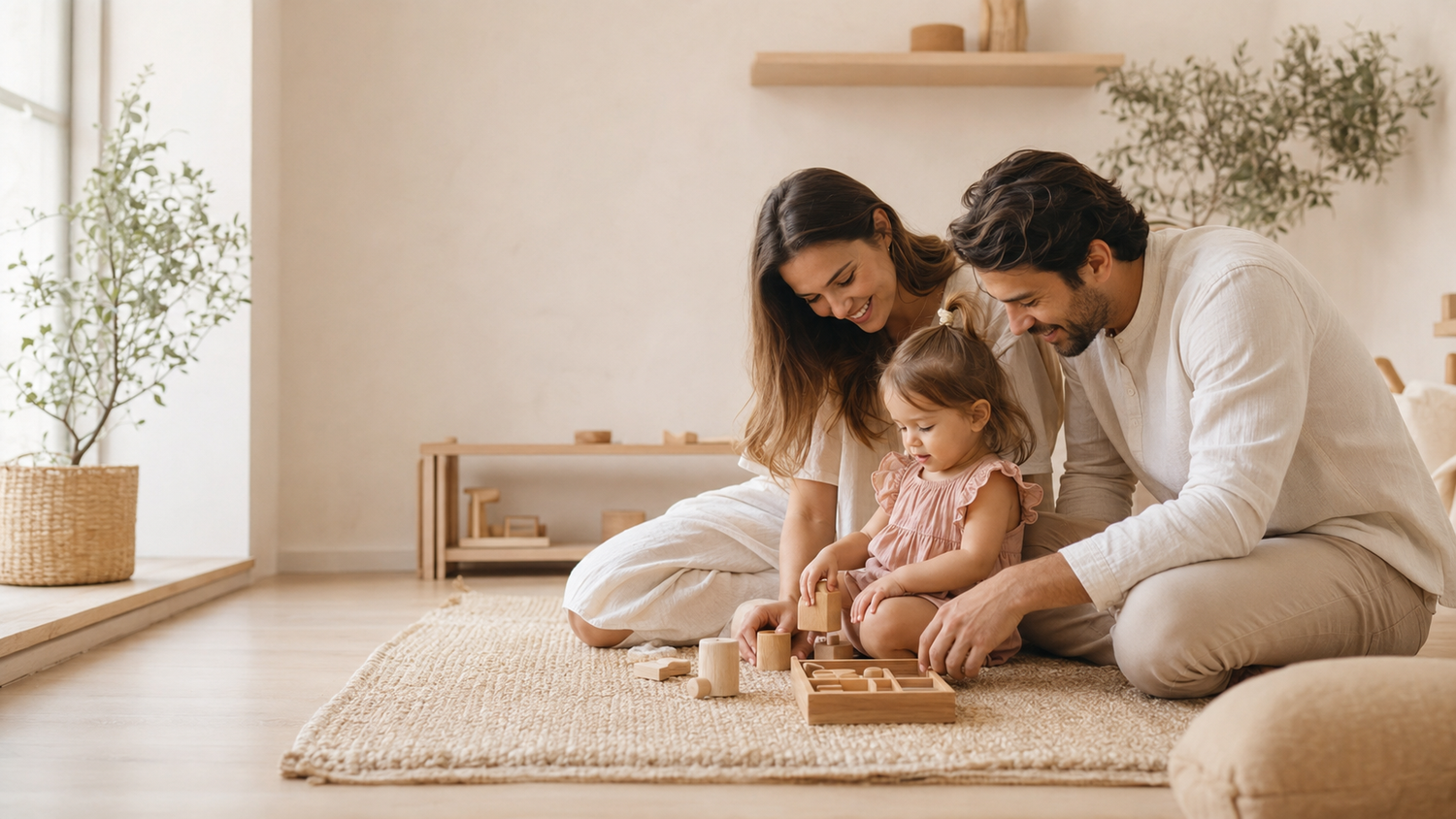 A father, mother, and young daughter are sitting on a woven rug in a bright, modern room, playing with wooden blocks. The scene is shot in warm, natural light from a window on the left.